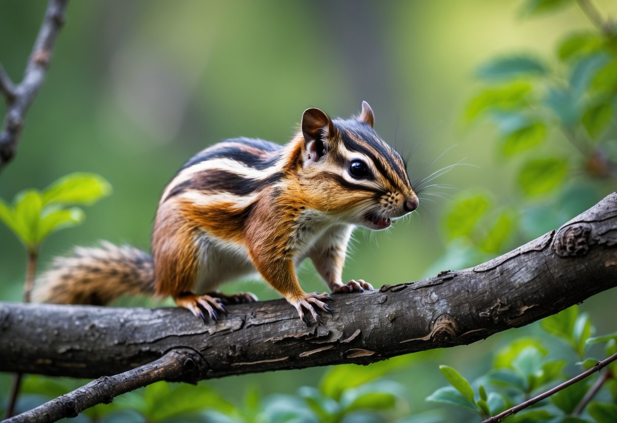 A chipmunk sitting on a tree branch in a forest.