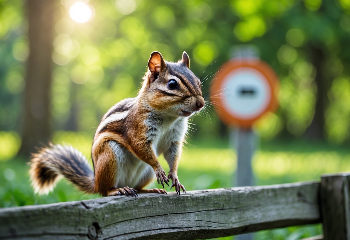 A chipmunk sitting on a wooden fence in a green park with trees and sunlight, with a blurred signpost in the background.