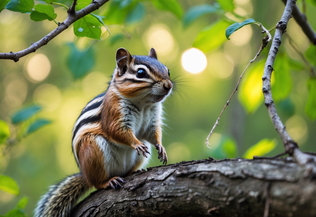 A chipmunk sitting on a tree branch surrounded by green leaves in a forest.