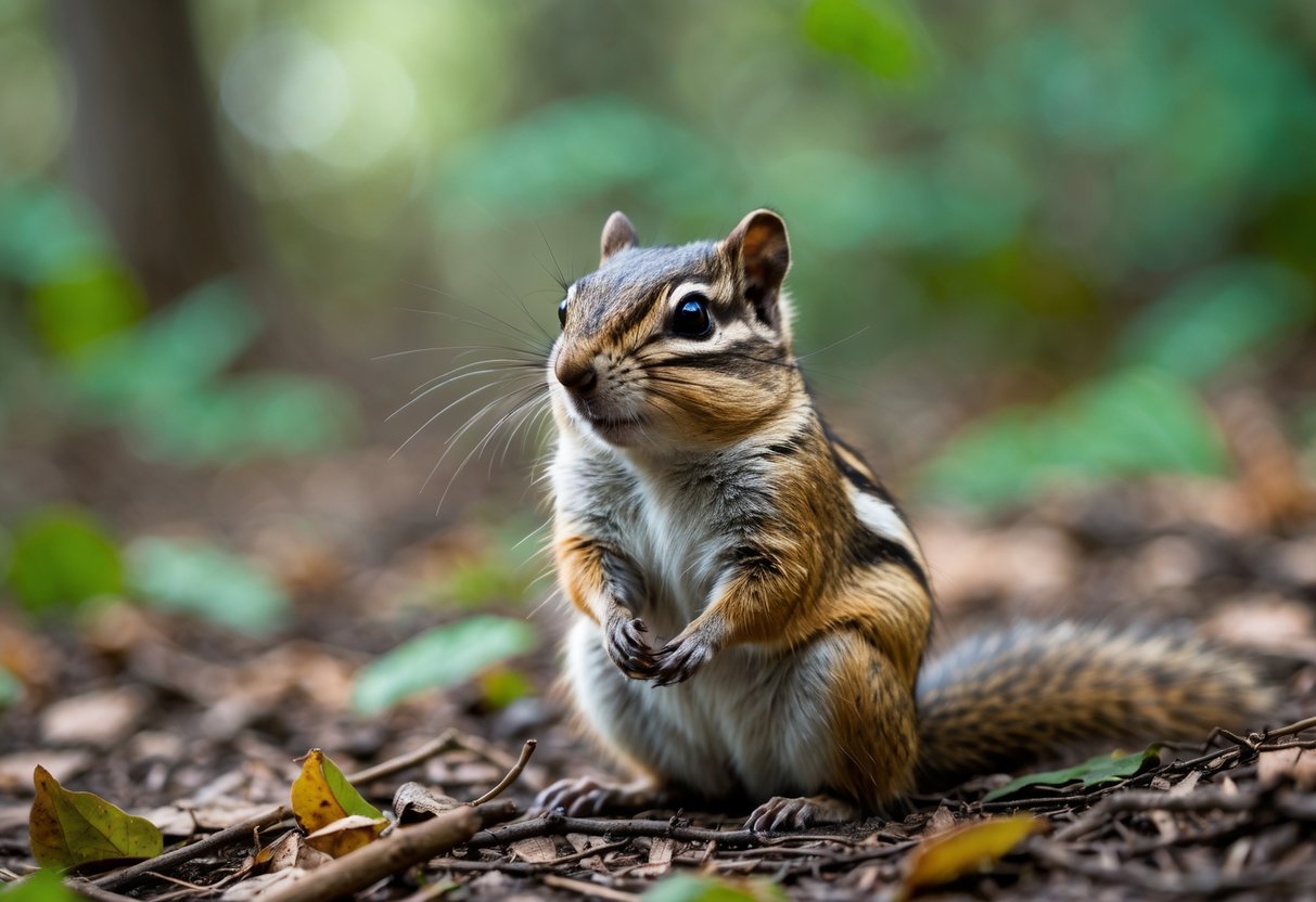 A chipmunk sitting on the forest floor surrounded by leaves and twigs.