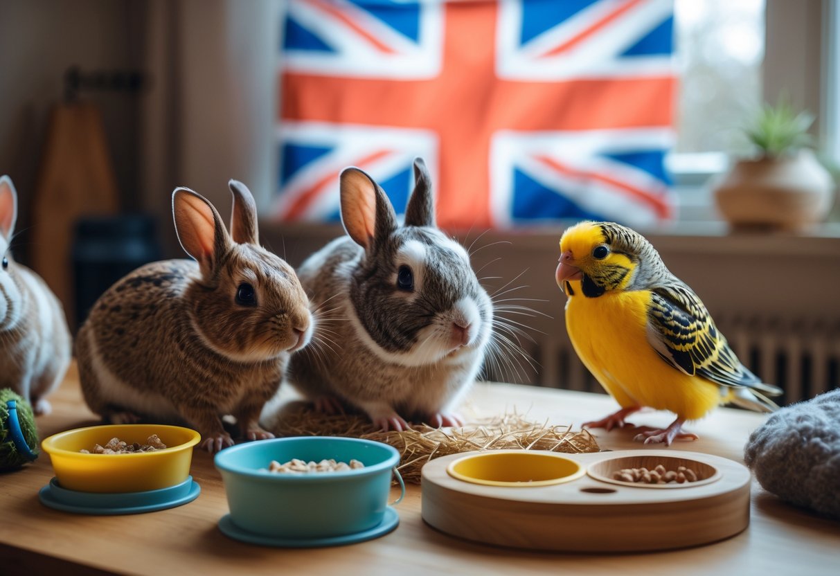Indoor scene with a rabbit, guinea pig, and budgerigar on a table with pet accessories and a British flag visible through a window.