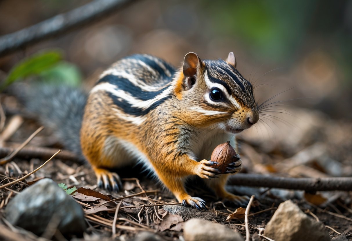 A small striped ground squirrel sitting on a forest floor covered with leaves, holding a nut.