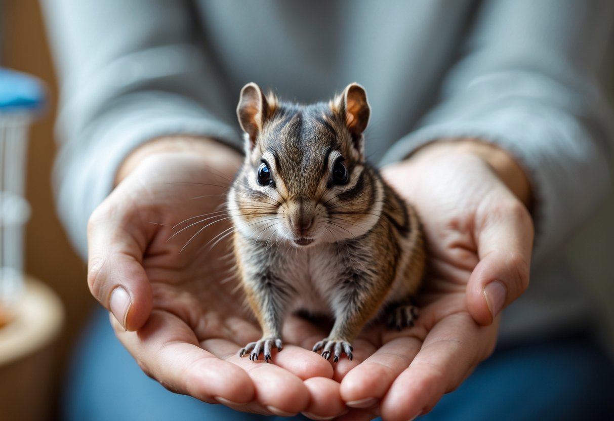 A chipmunk being gently held by a person indoors, showing the animal as a pet.