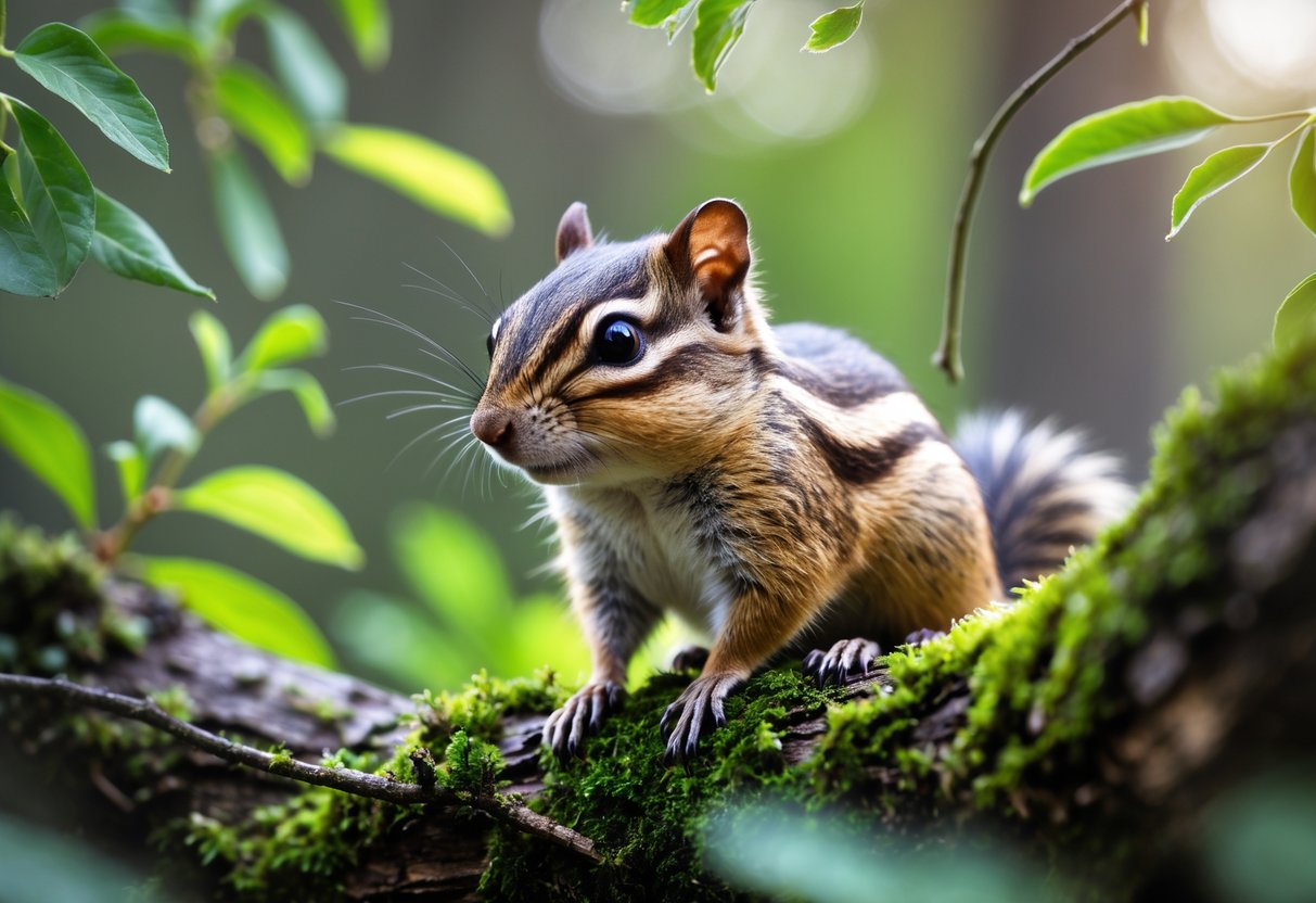 A chipmunk sitting on a mossy tree branch in a forest.