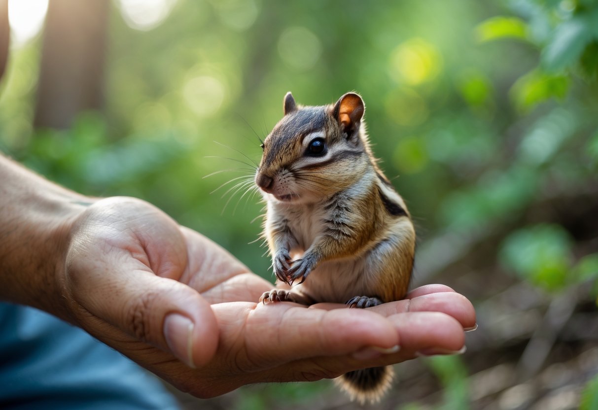 A person gently holding a chipmunk's paw outdoors with green foliage in the background.