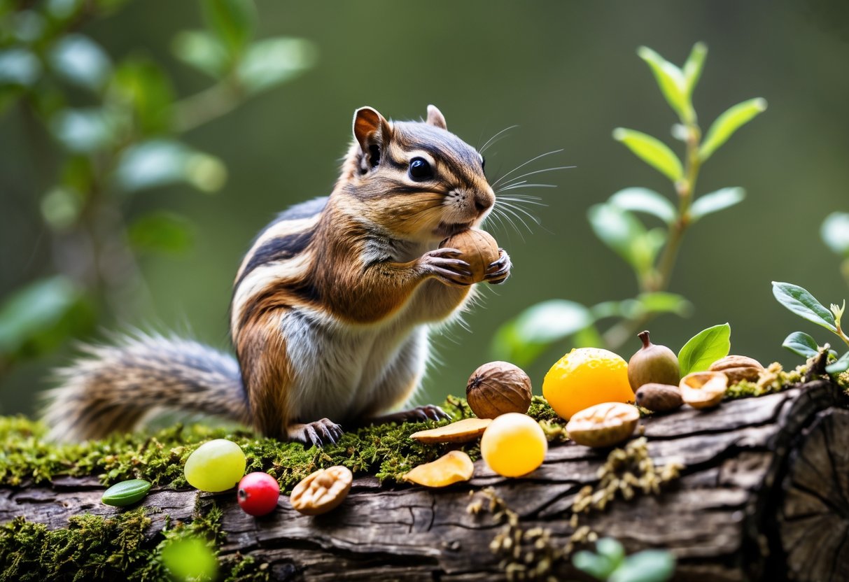 A chipmunk eating a nut while sitting on a mossy log surrounded by seeds and berries in a forest.