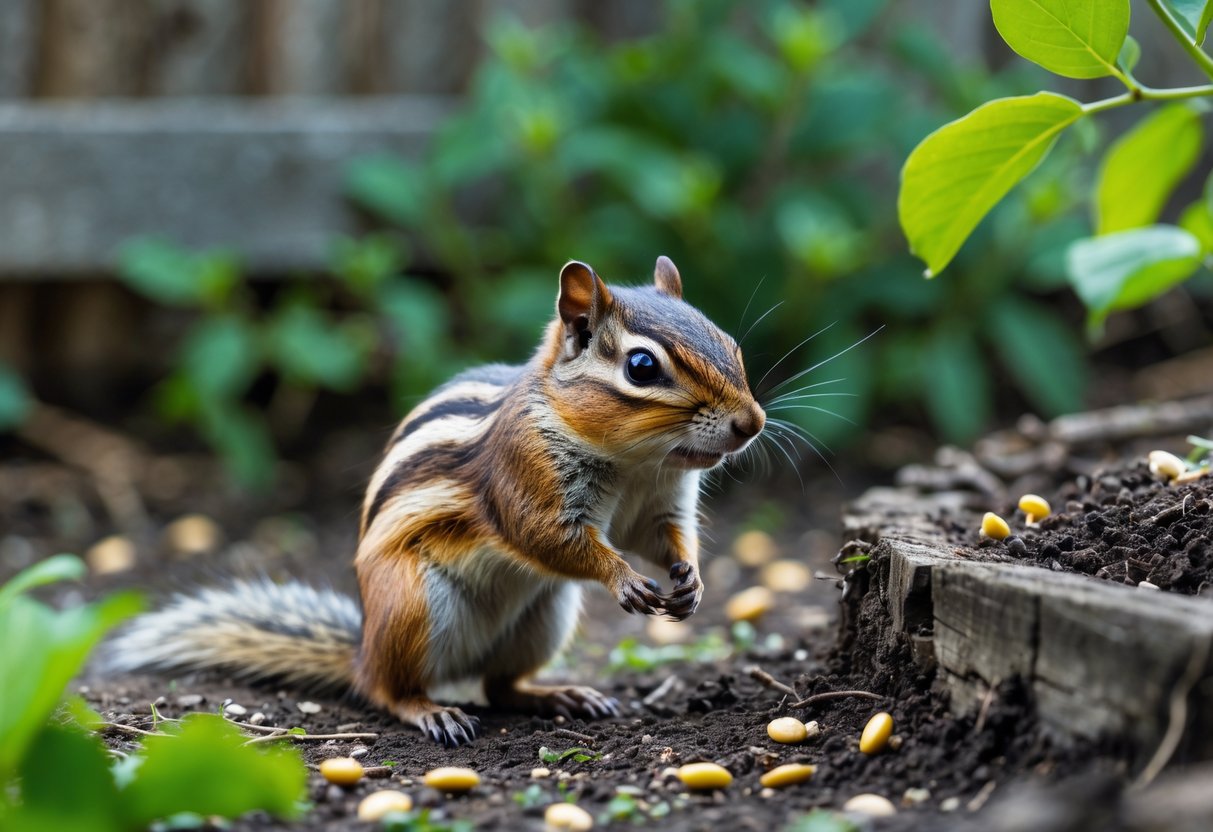 A chipmunk standing on its hind legs near a garden with some damaged plants and scattered seeds on the ground.