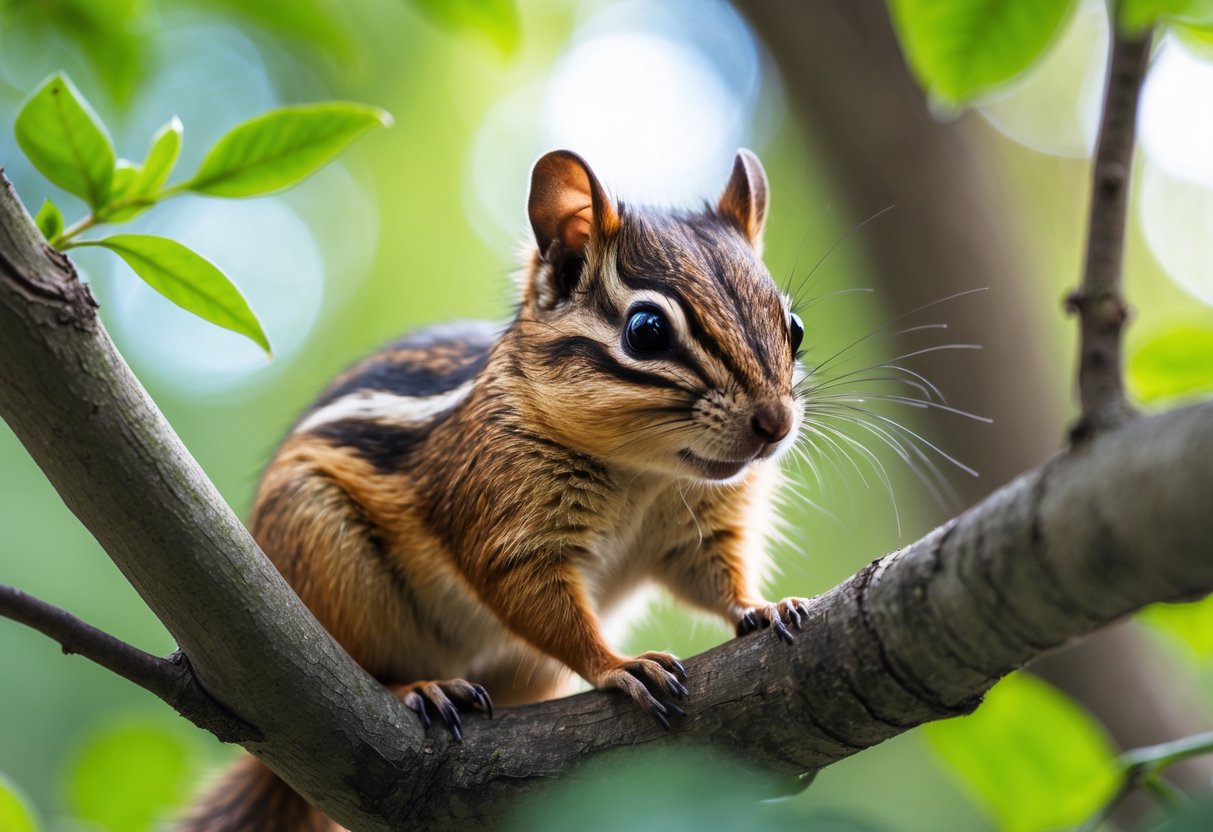 A chipmunk sitting calmly on a tree branch surrounded by green leaves in a forest.