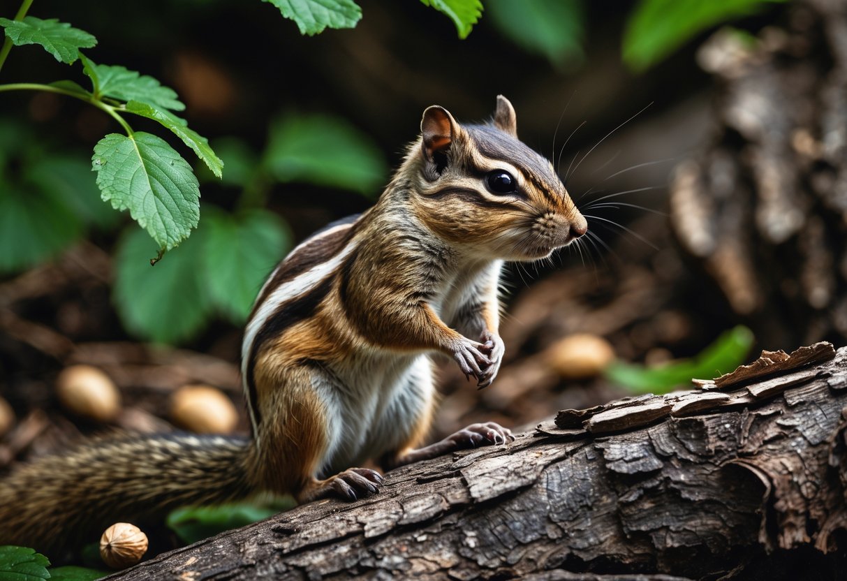 A chipmunk standing alert on a tree branch in a forest, surrounded by green leaves and natural elements.