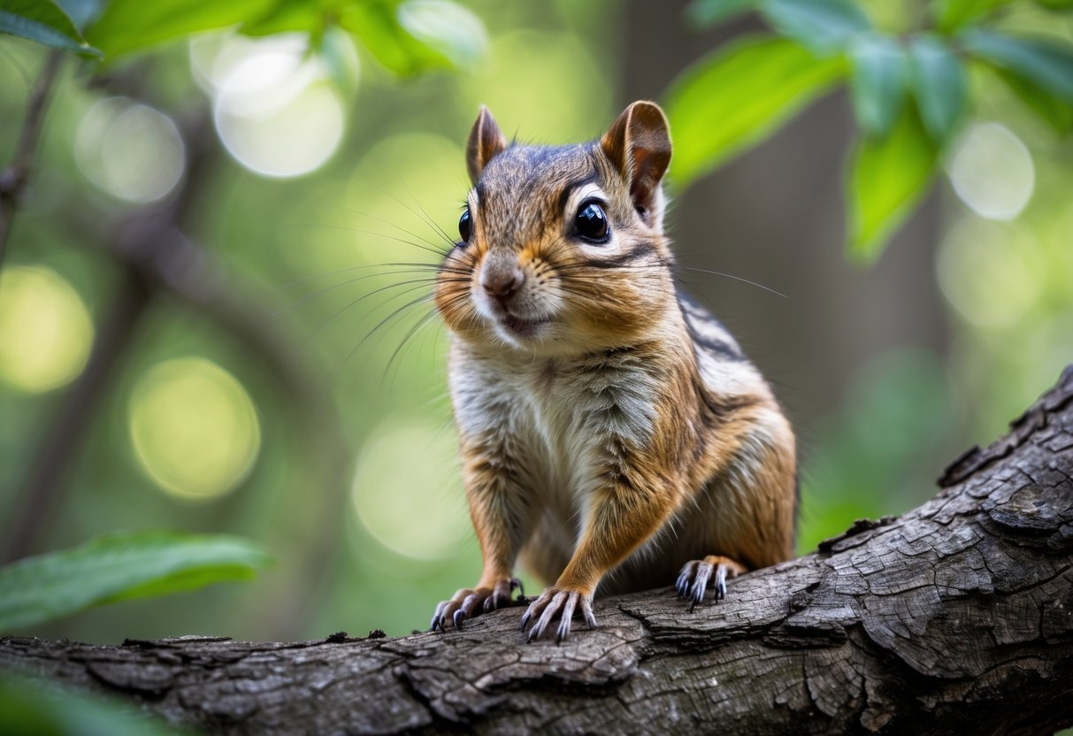 A chipmunk sitting on a tree branch in a forest, looking alert and curious.