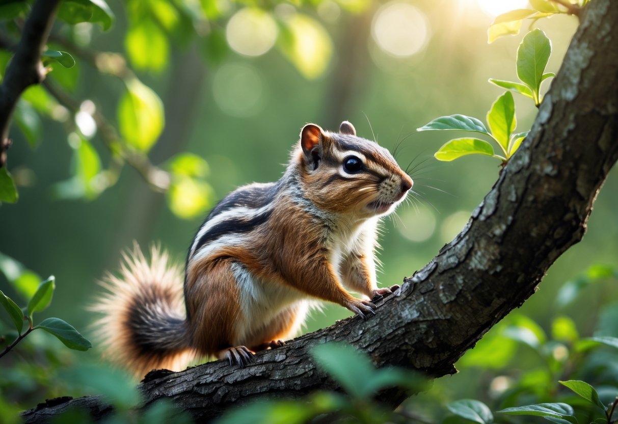 A chipmunk sitting on a tree branch surrounded by green leaves in a forest.
