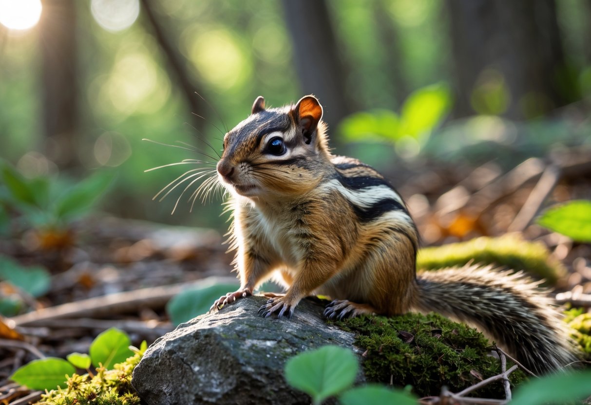 A chipmunk sitting on a mossy rock in a forest with leaves and plants around it.