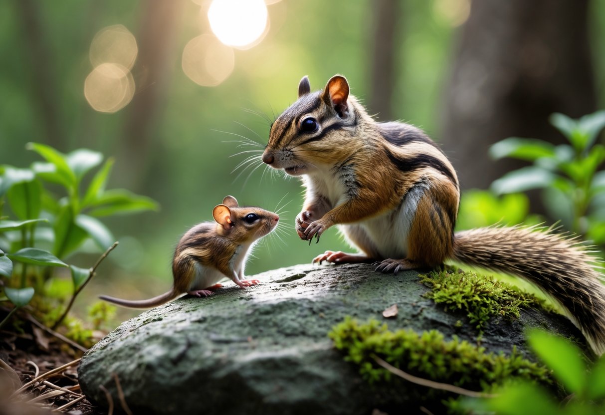 A chipmunk and a mouse close to each other on the forest floor surrounded by greenery.