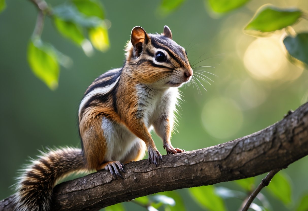 A chipmunk sitting on a tree branch surrounded by green forest foliage.