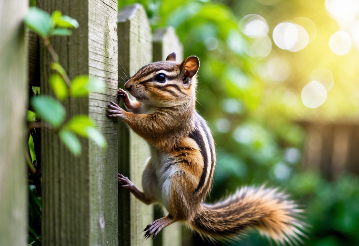 A chipmunk climbing a wooden fence in a garden with green foliage in the background.