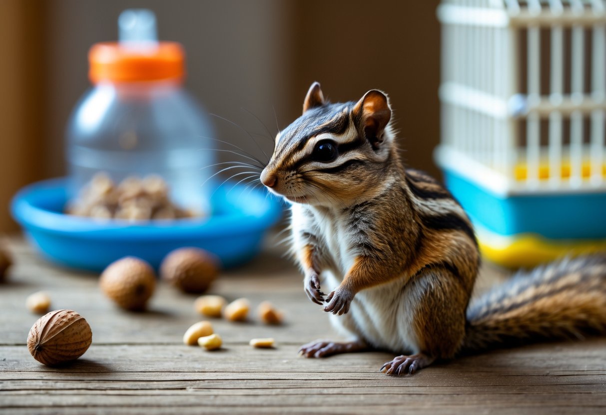 A chipmunk sitting on a wooden surface indoors with pet accessories around it.