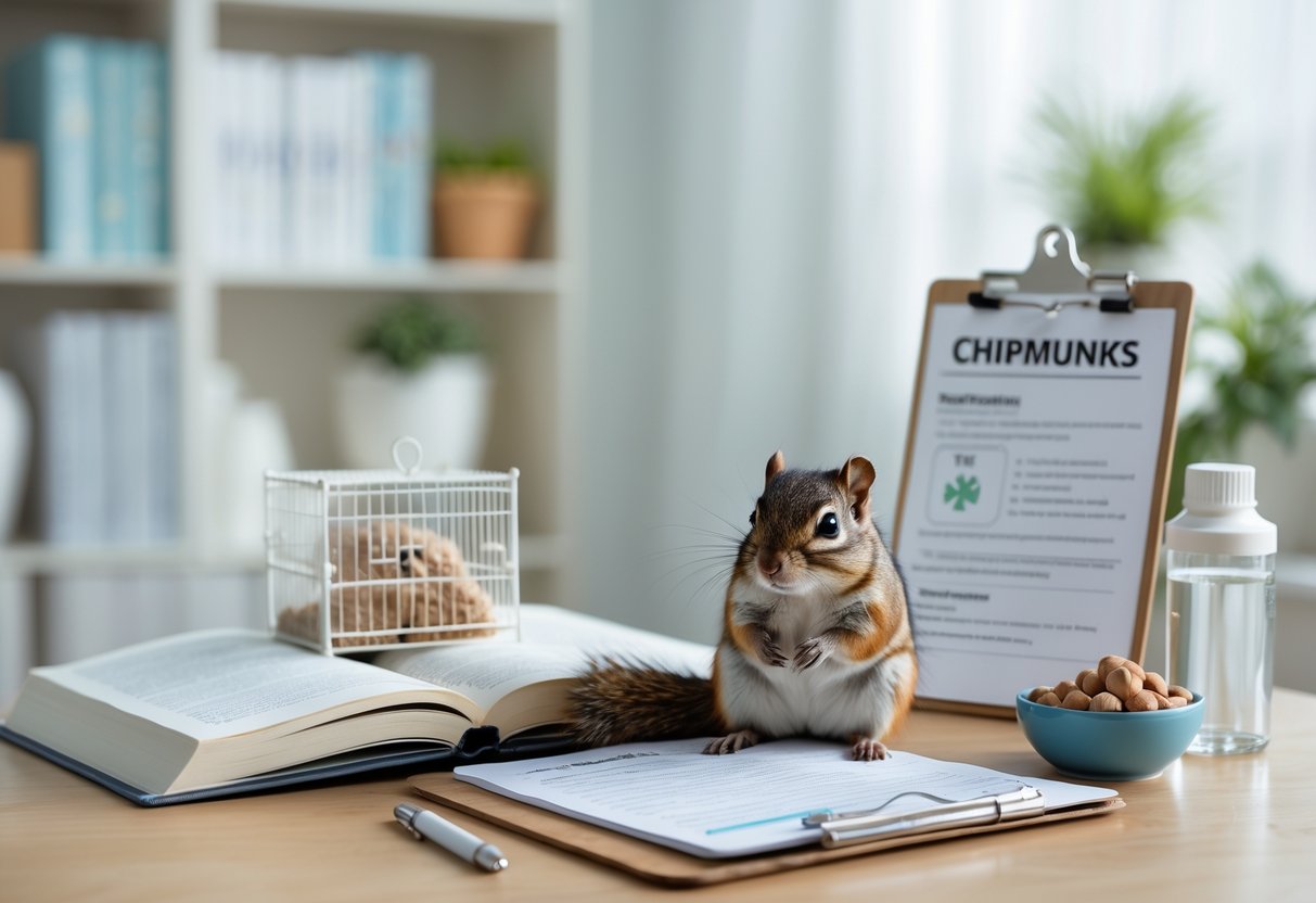 A chipmunk sitting on a table next to pet care items and books in a bright home office.