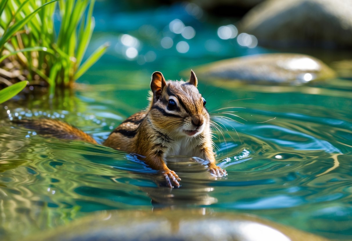 A chipmunk swimming in a clear freshwater stream surrounded by green plants and rocks.
