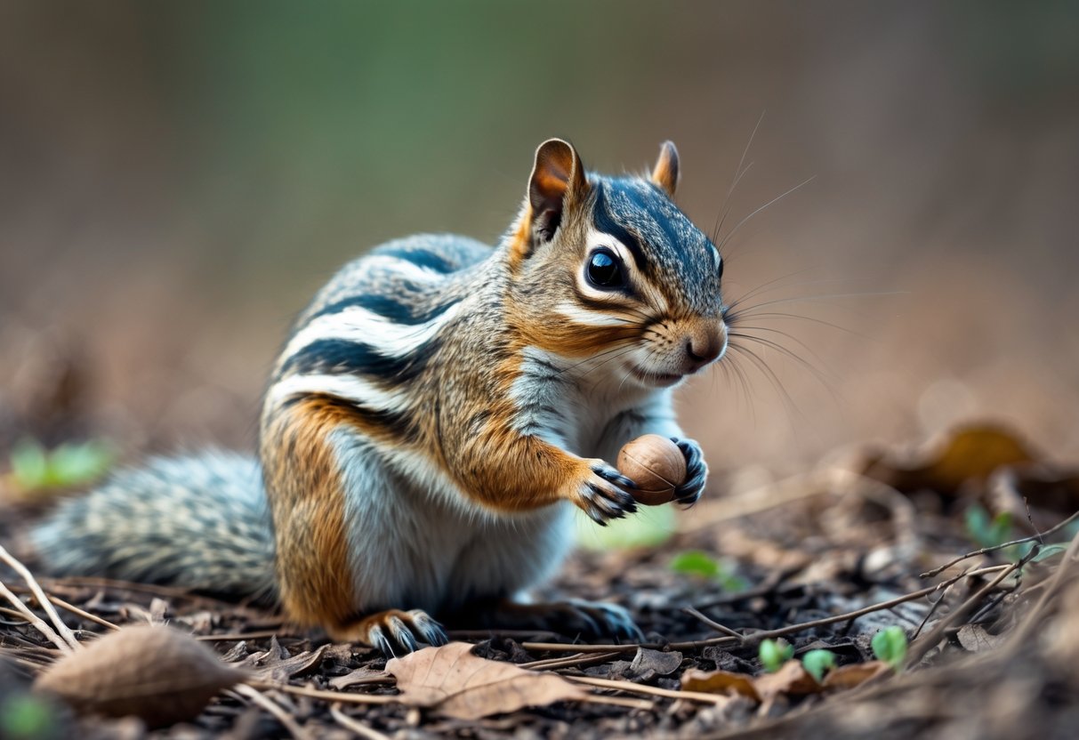 A small striped ground squirrel sitting on a forest floor holding a nut.