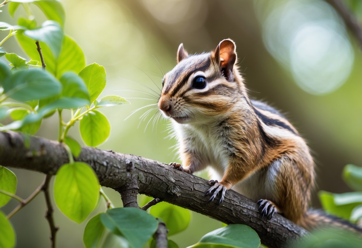 A chipmunk sitting on a tree branch surrounded by green leaves in a forest.