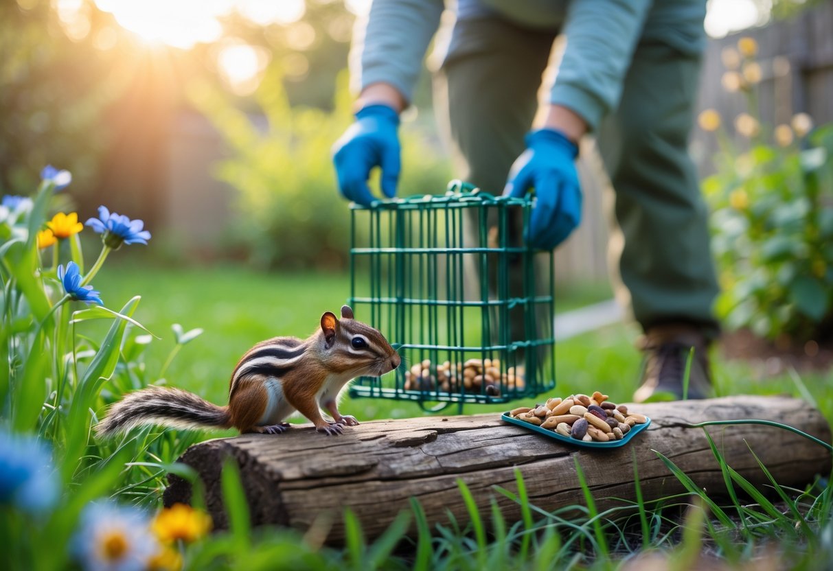 A chipmunk near a baited live animal trap in a garden with a person approaching it gently.