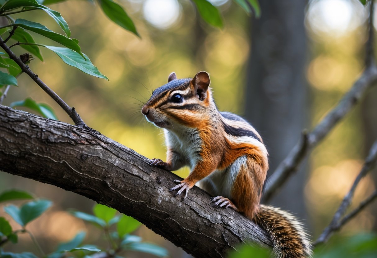 A chipmunk sitting on a tree branch in a forest, showing its full body and natural surroundings.