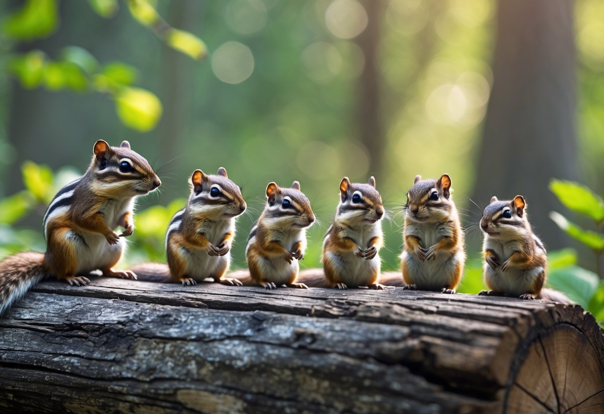 Several chipmunks of different species sitting side by side on a log in a forest, showing their size differences.