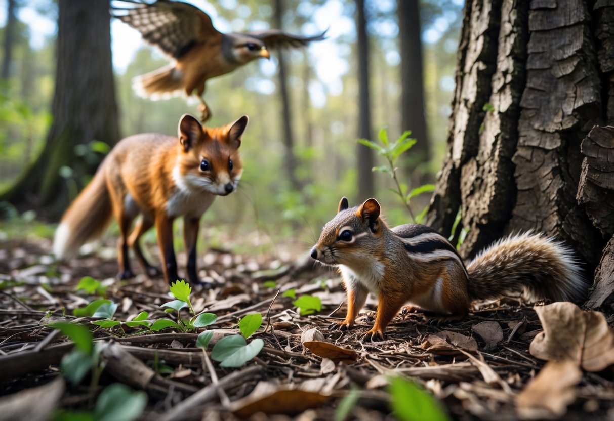A chipmunk on the forest floor with a red fox nearby and a hawk flying overhead in a woodland setting.