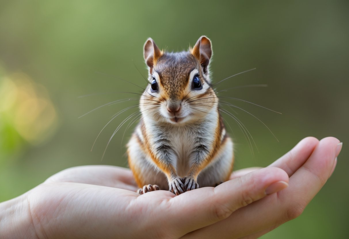 A chipmunk sitting calmly on a person's hand in a natural outdoor setting.
