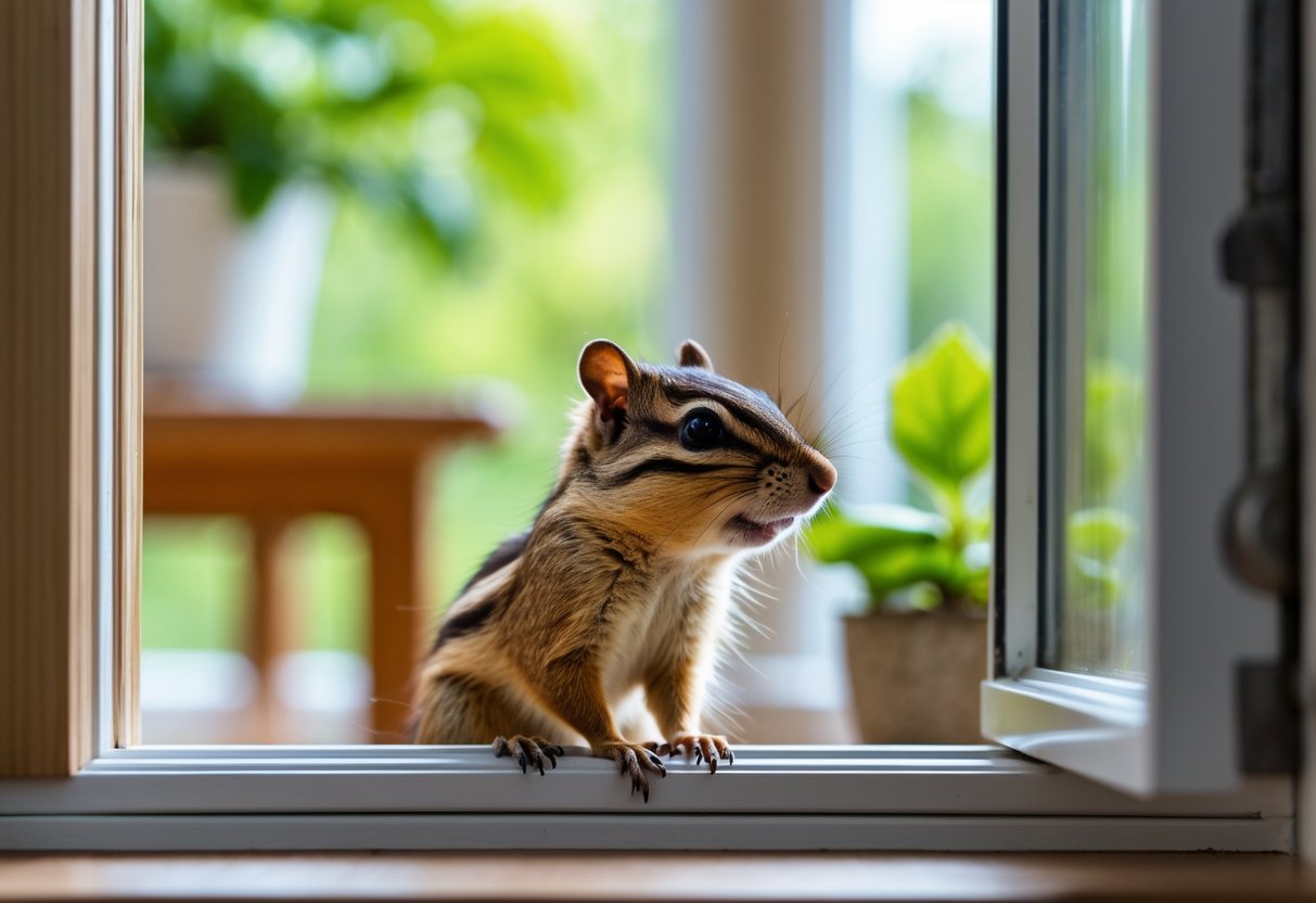 A chipmunk peeking through a slightly open window into a cozy home interior.