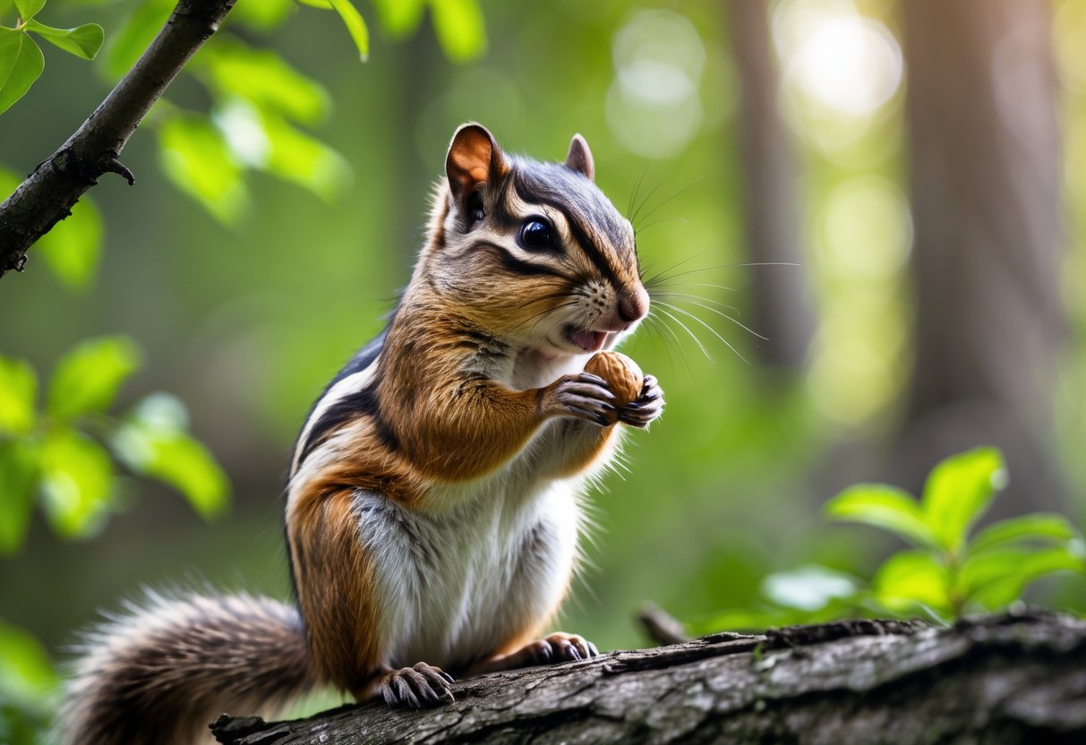A chipmunk holding a nut in its paws in a green forest setting.