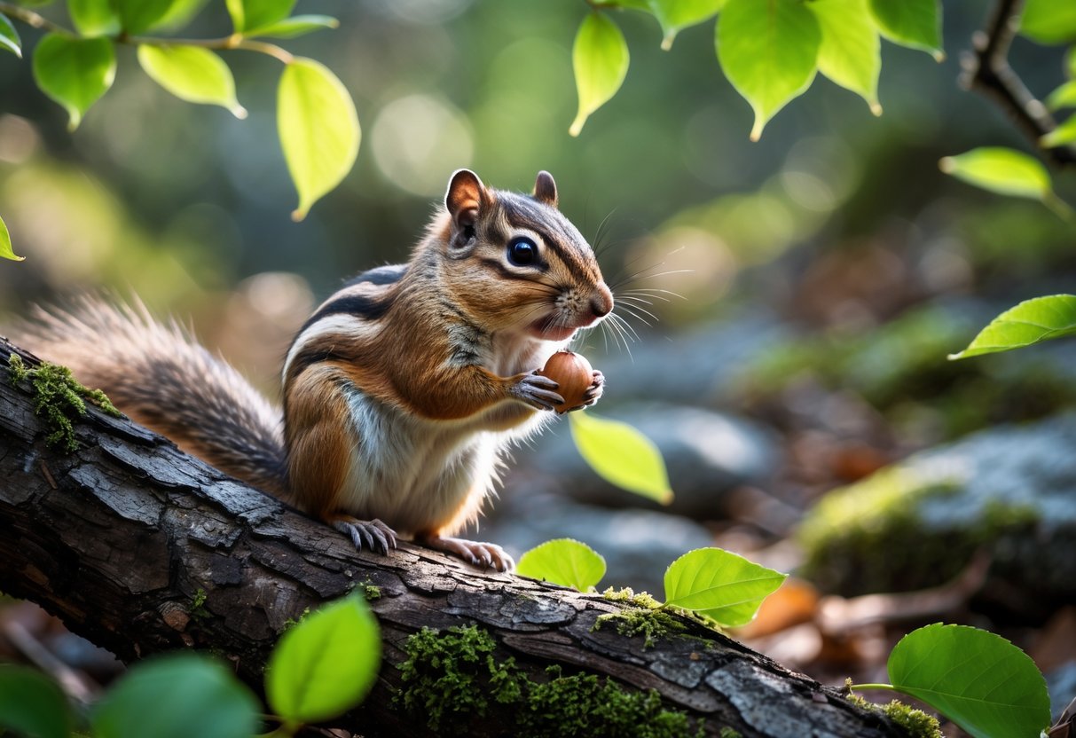 A chipmunk sitting on a tree branch holding a nut in a green forest during the day.