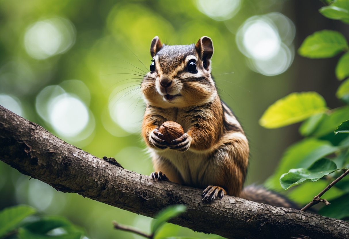 A chipmunk sitting on a tree branch holding a nut, looking alert in a green forest.