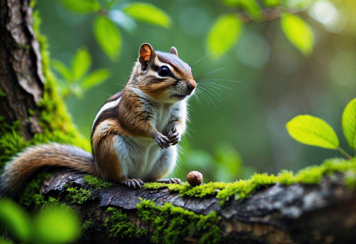 An elderly chipmunk sitting on a mossy tree branch in a forest, holding a small nut.