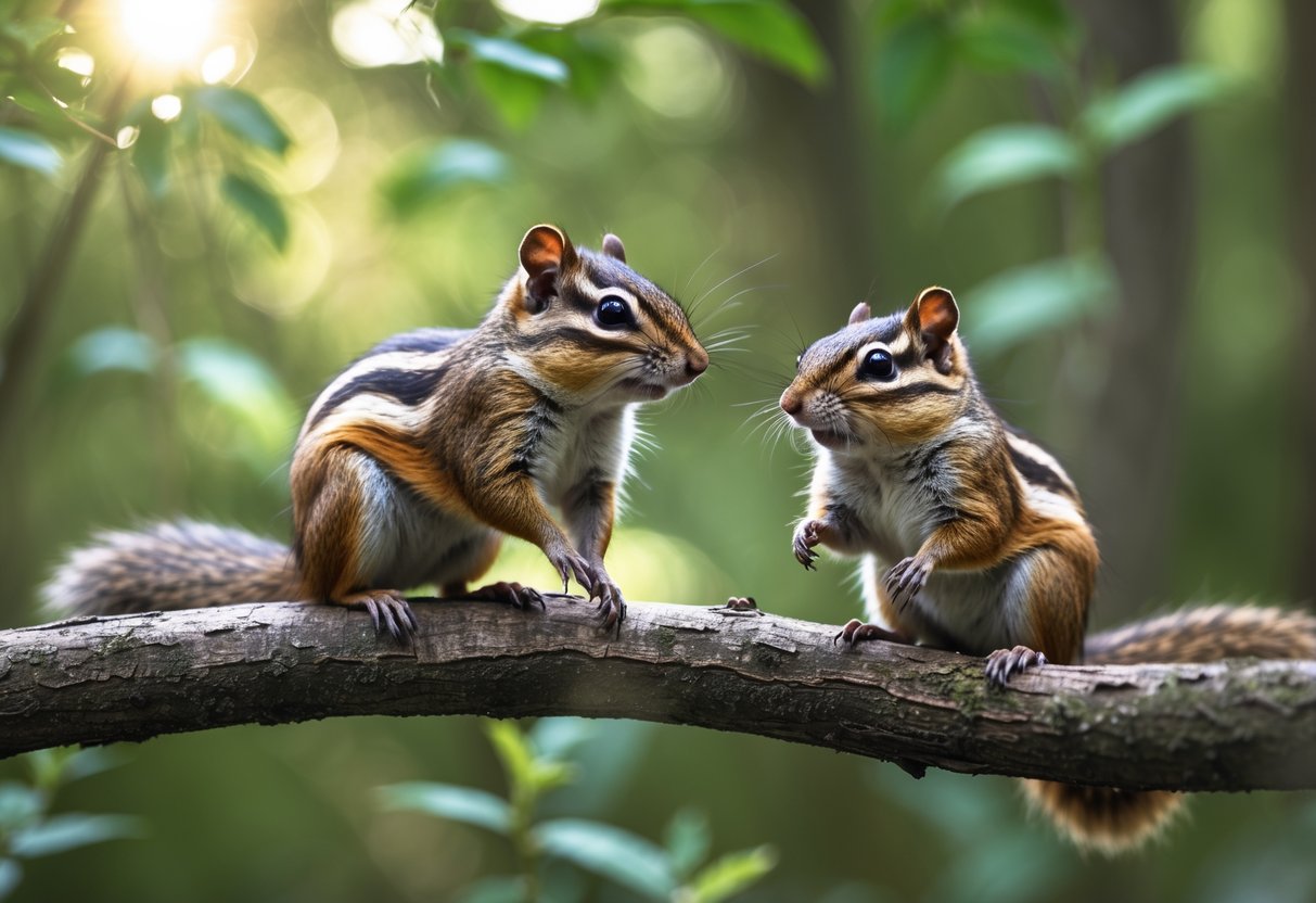 Two chipmunks on a tree branch in a forest, one looking older and the other younger.