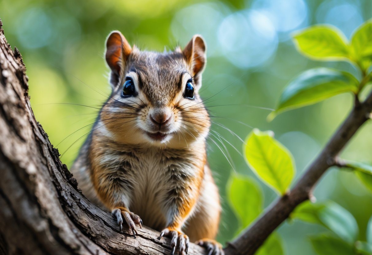 A chipmunk sitting on a tree branch in a forest, looking directly ahead.
