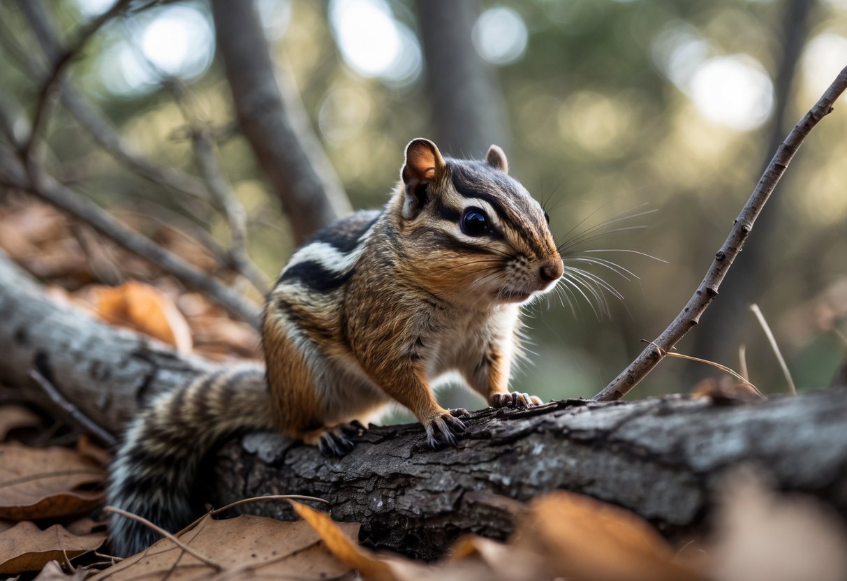 A chipmunk sitting on a tree branch surrounded by forest vegetation.