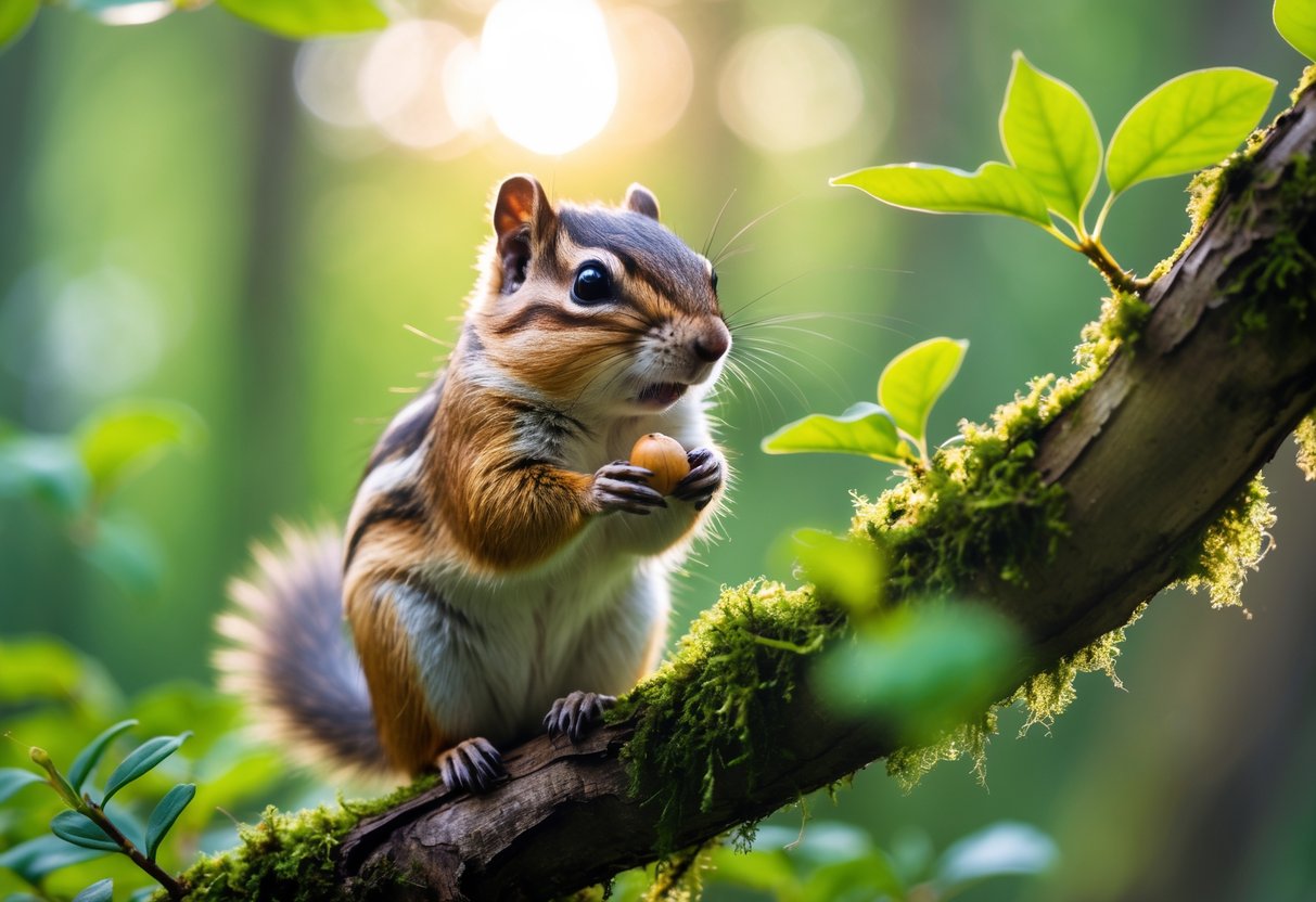 A chipmunk sitting on a tree branch holding a nut in a green forest.
