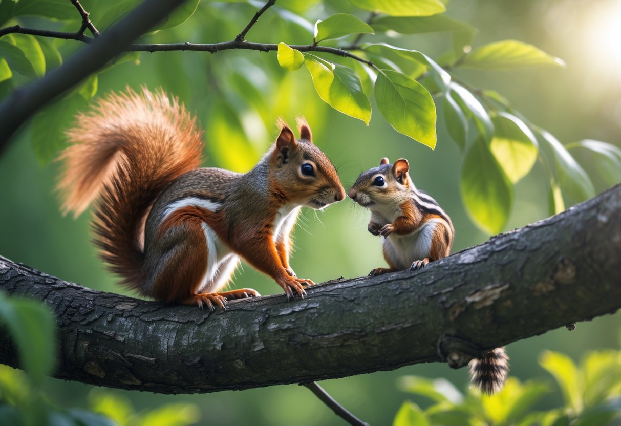 A squirrel and a chipmunk sitting peacefully together on a tree branch in a forest.