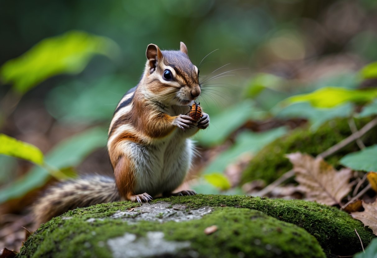 A chipmunk sitting on a rock in a forest, holding and eating a small insect.