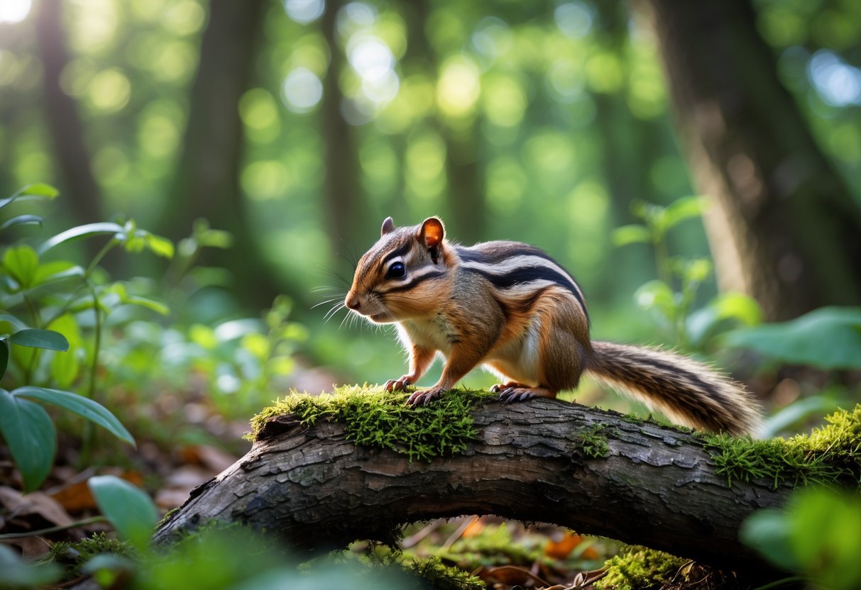 A chipmunk sitting on a mossy tree branch in a green woodland with sunlight filtering through the trees.