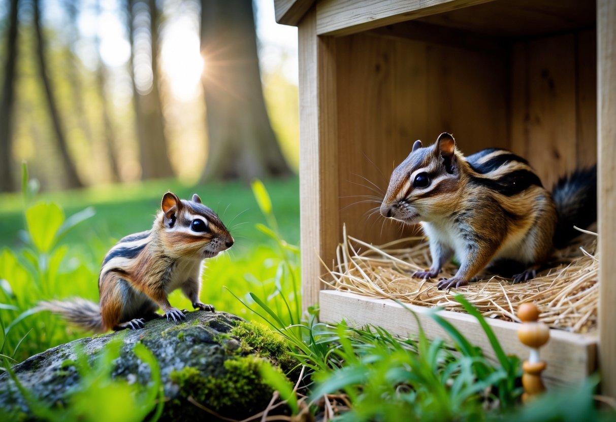 A wild chipmunk on a mossy rock in a green woodland area beside a pet chipmunk inside a wooden enclosure.