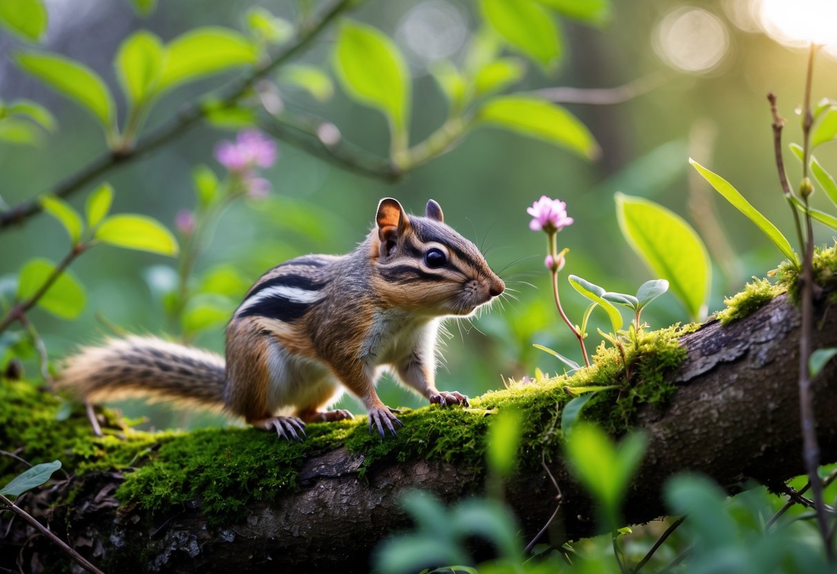 A chipmunk sitting on a mossy tree branch in a green woodland with sunlight filtering through the leaves.