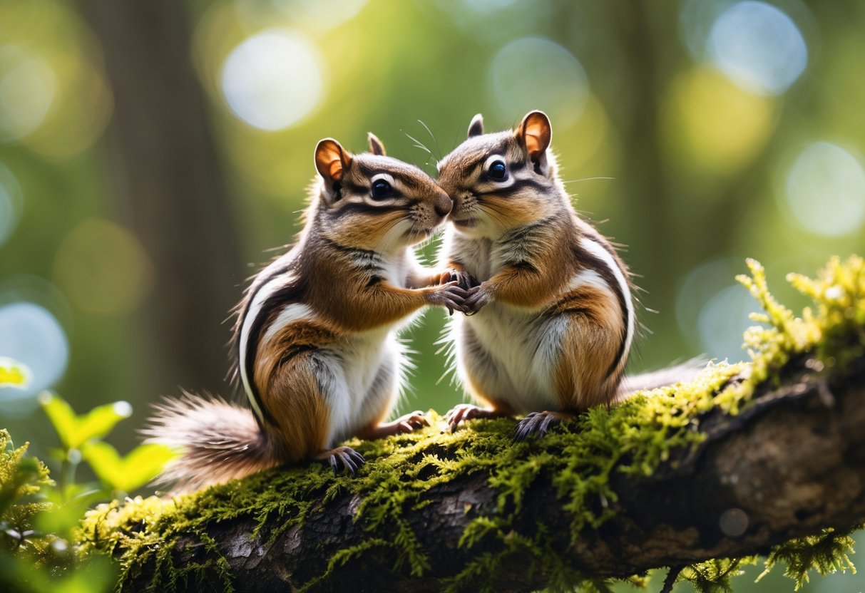 Two chipmunks sitting closely together on a mossy tree branch in a sunlit forest.