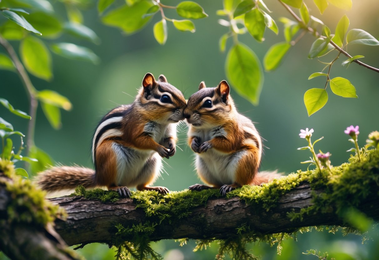 Two chipmunks sitting closely together on a mossy tree branch in a forest.