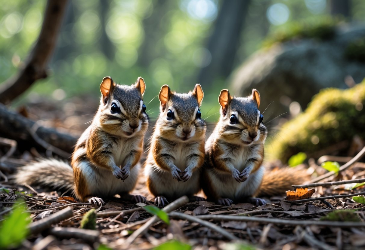 Three chipmunks sitting together on a forest floor surrounded by leaves and greenery.