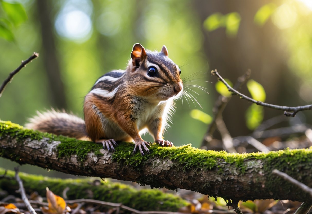 A chipmunk sitting on a mossy tree branch in a sunlit forest.