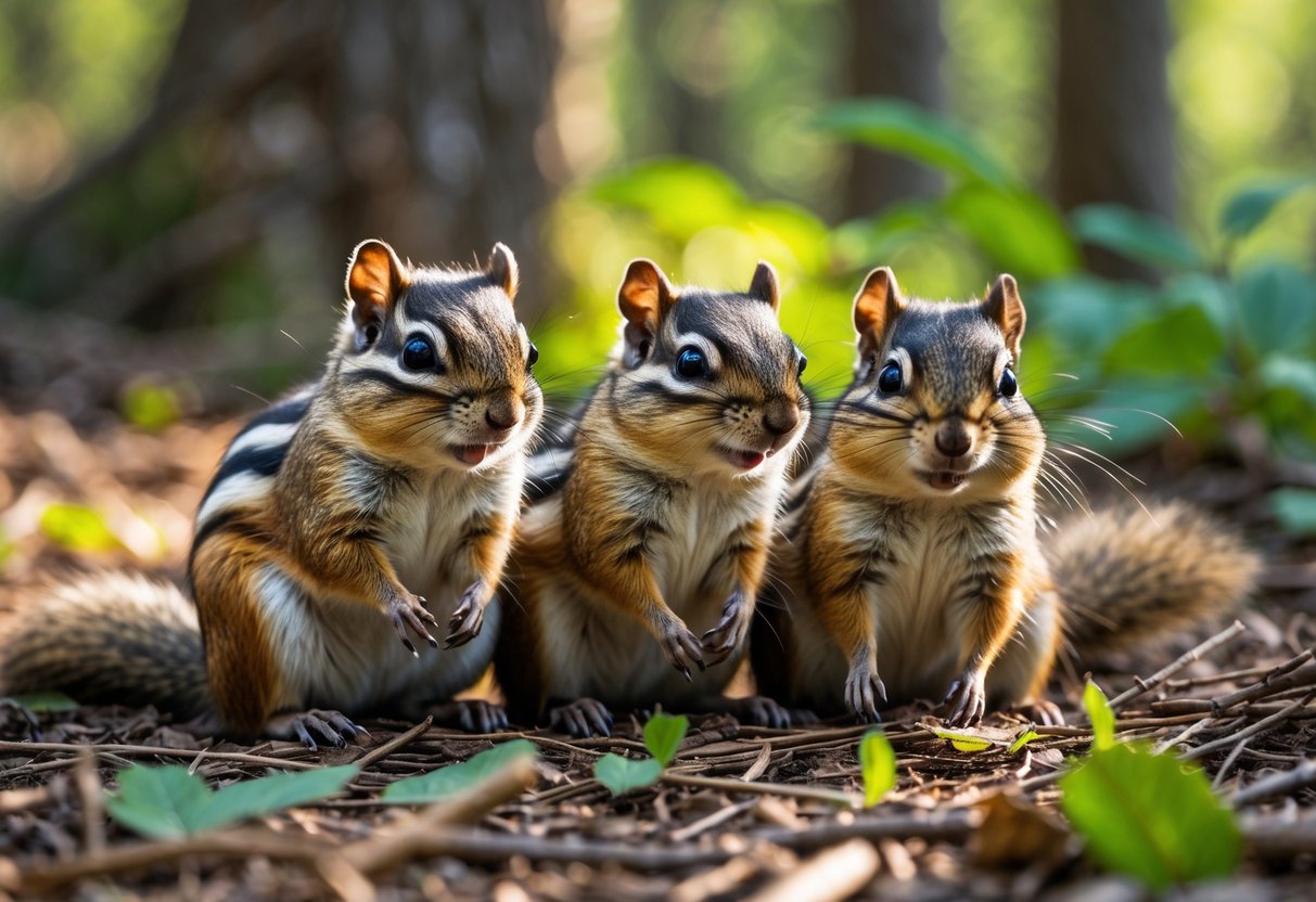 Three chipmunks sitting closely together on a forest floor surrounded by leaves and trees.