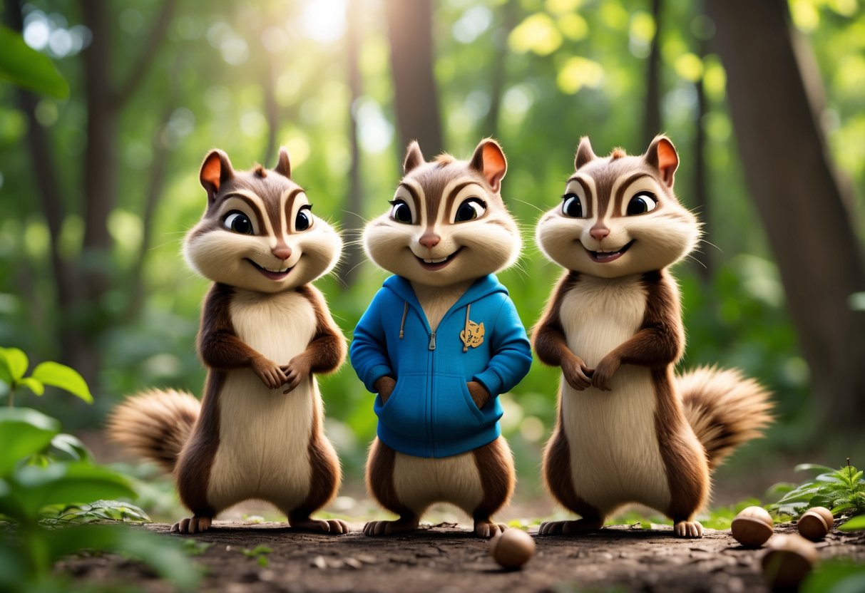 Three animated chipmunks standing together in a forest with green trees and sunlight filtering through the leaves.