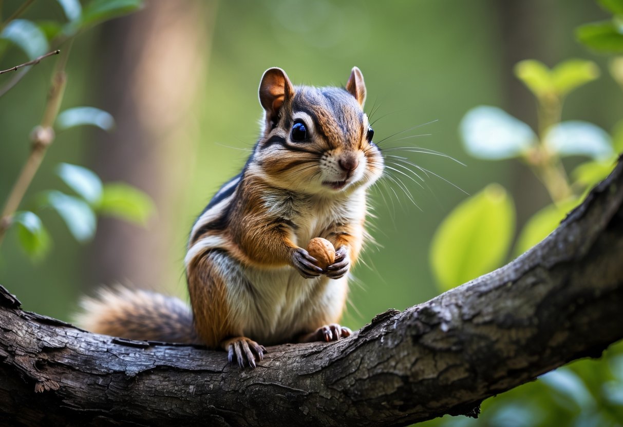 A chipmunk sitting on a tree branch holding a nut in a forest.